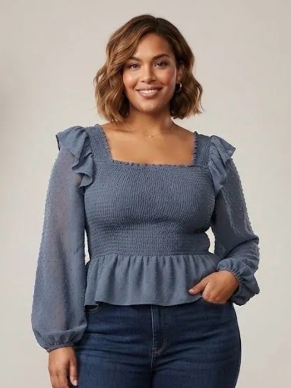 ODDY Smocked Square-Neck Peplum Top - Slate Blue